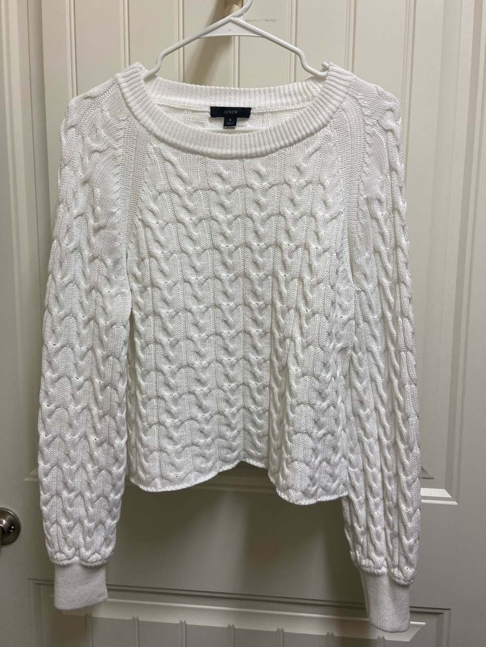 J. Crew 100% Cotton White Cable Knit Balloon Sleeve Sweater